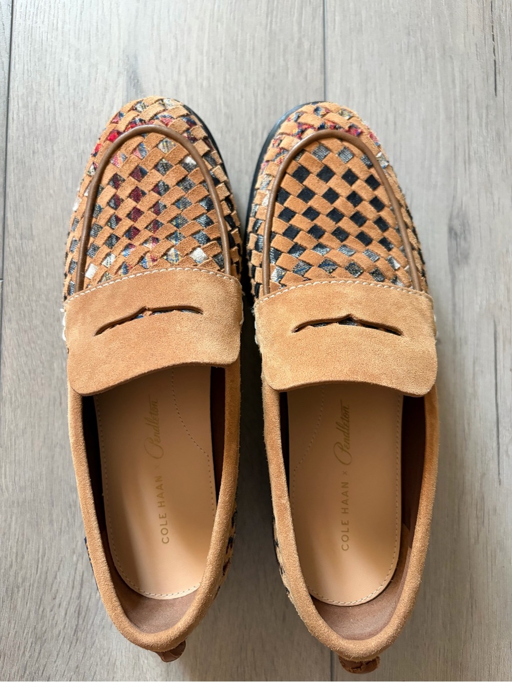 Cole Haan x Pendleton Tan Suede Woven Multicolor Penny Loafers
